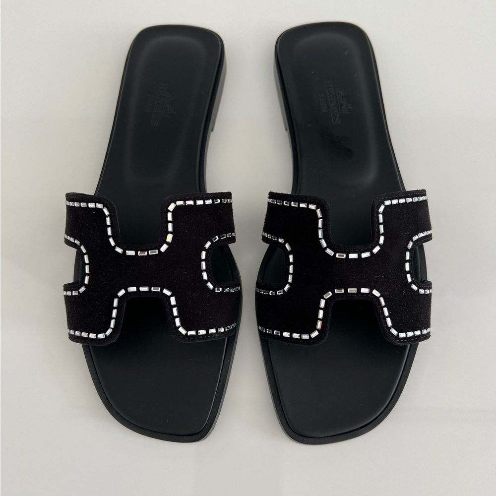 HERMES ORAN BLACK SUEDE CRYSTAL SANDALS SIZE IT 37.5 / US 7.5 NWOTS!